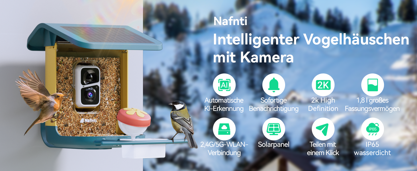 Сонячна годівниця для птахів з камерою 2K, з AI розпізнаванням понад 10 000 видів, об'єм 1.8L, IP65 водонепроникна, Wi-Fi 2.4 GHz/5 GHz, нічне бачення, подарунок для любителів птахів