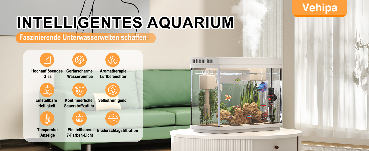 Акваріум Vehipa Nano 9L з підсвічуванням, зволожувачем, фільтром та циркуляцією води (білий)
