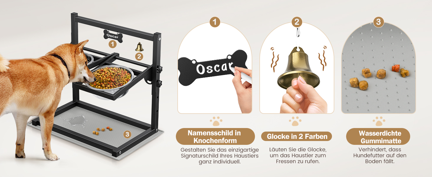 Підвищена годівниця для собак Sunowl, регульована по висоті та куту нахилу, 0-90°, 2 миски з нержавіючої сталі, повільне годування, не проливається, з килимком