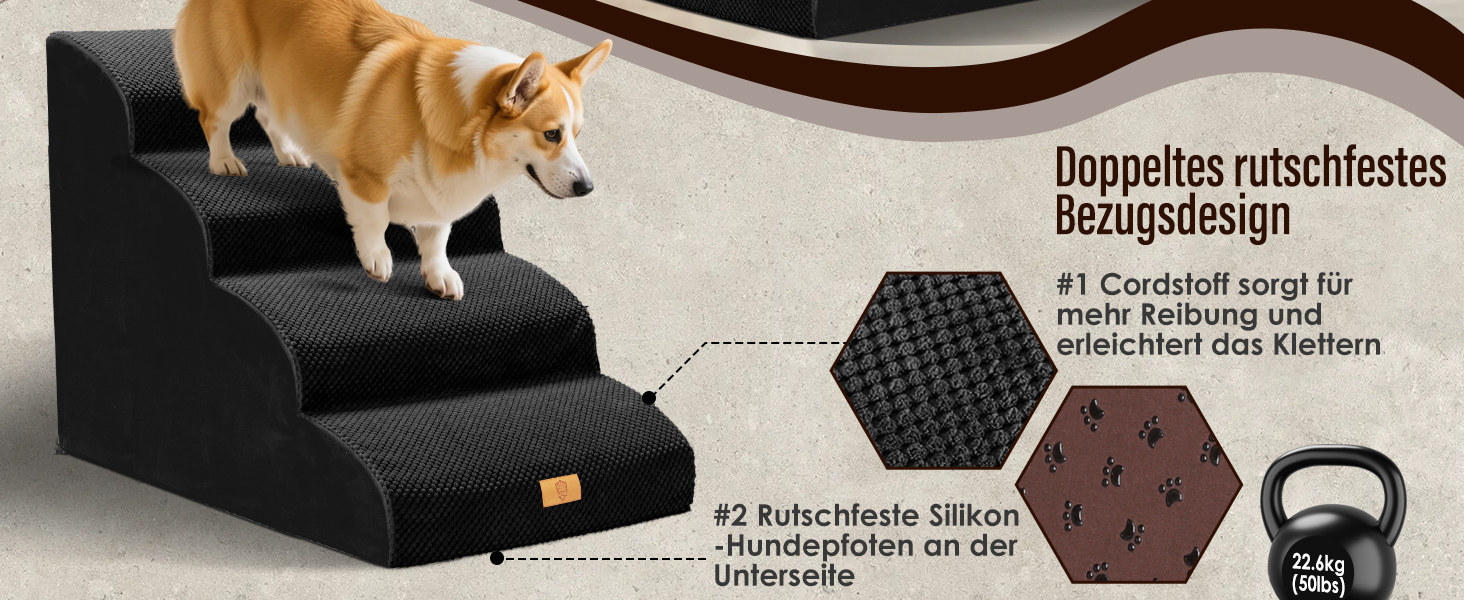 Сходинки для собак, 4 сходинки, знімний поручень, антиковзка поверхня, для ліжка та дивану, з високощільним губчастим наповнювачем (Чорний)