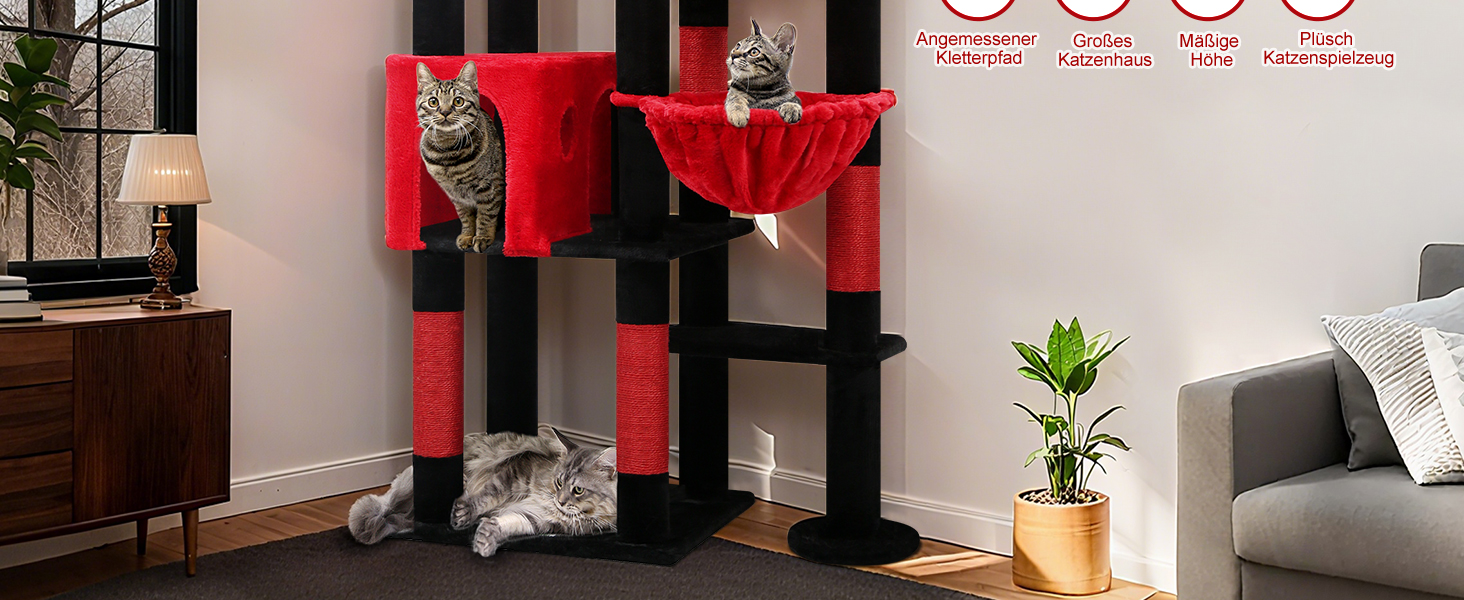 Дерев'яний комплекс для котів Globlazer з висотою 167 см, широкою платформою, будиночком, кошиком та іграшками. Стабільний, підходить для 2-4 котів. Чорний/червоний (F65B)