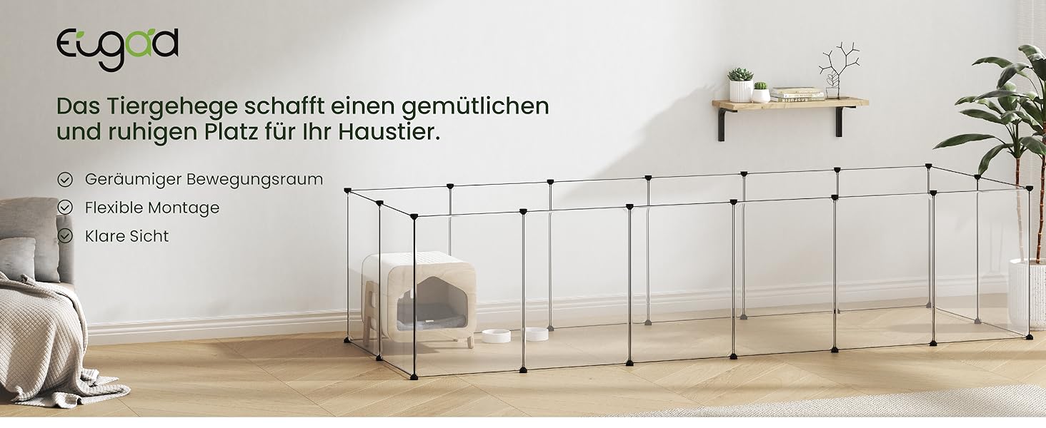 Кігульник для кроликів та інших дрібних тварин EUGAD, 16 прозорих панелей, 50x72 см, розширюваний, для кроликів, морських свинок, хом'яків, їжаків, 302x102x72 см (16 шт.)