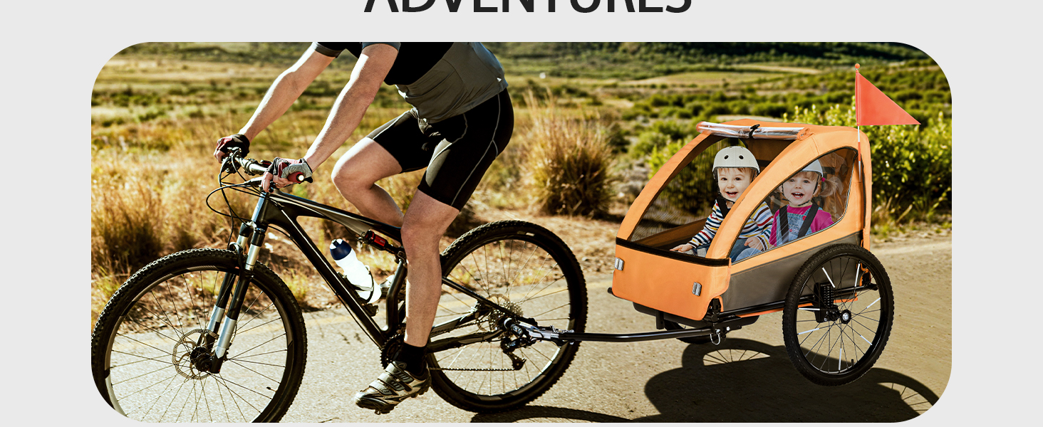 Дитячий велопричіп 2в1 з функцією коляски та бігуна, амортизація, регульована ручка-штовхач та гальма, для 1-2 дітей, до 40 кг (Помаранчевий)