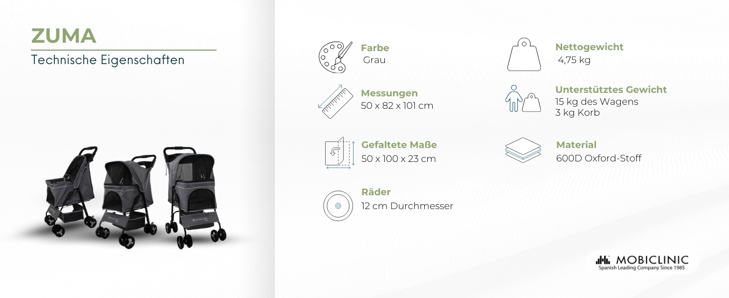 Візок для собак Mobiclinic® Pets, сірий, до 15 кг, з великим кошиком, 3 вікна, гачок для води, поворотні колеса з гальмом