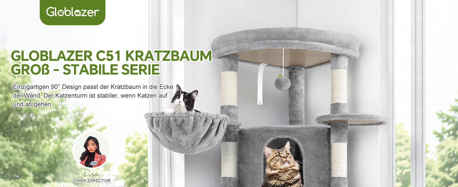 Кігтеточка Globlazer велика, стабільна кутова з великим будиночком для котів, платформа з м'яким покриттям, гамак, м'який кошик, кігтеточка висотою 130 см для кількох великих котів, для дому (XL, світло-сірий)