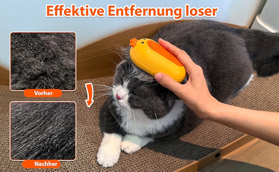 Парфумерна щітка для котів з розпилювачем, 4-в-1: видалення шерсті, масаж, розпилення, самоочищення, водонепроникна (IPX7), білий колір з жовтим руків'ям