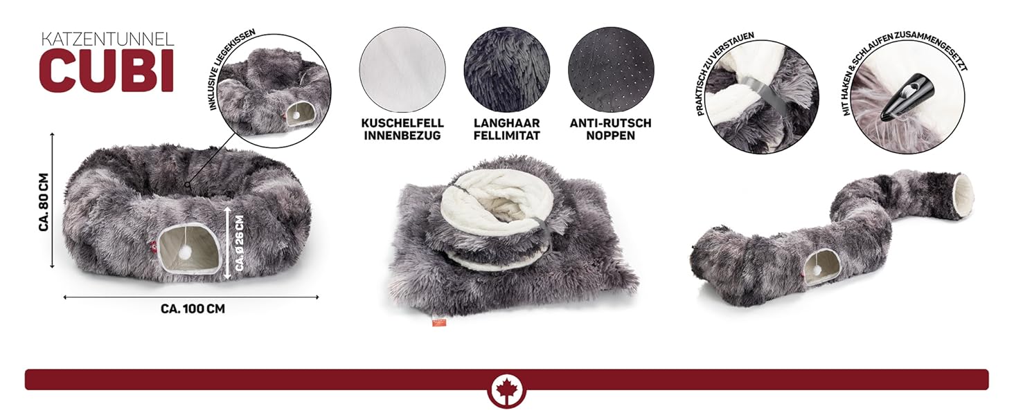 Преміум тунель для котів CUBI від CanadianCat Company: XXL з місцем для сну та м'яким лежанком, підходить для великих котів, темно-сірий, 100 x 80 x 26 см