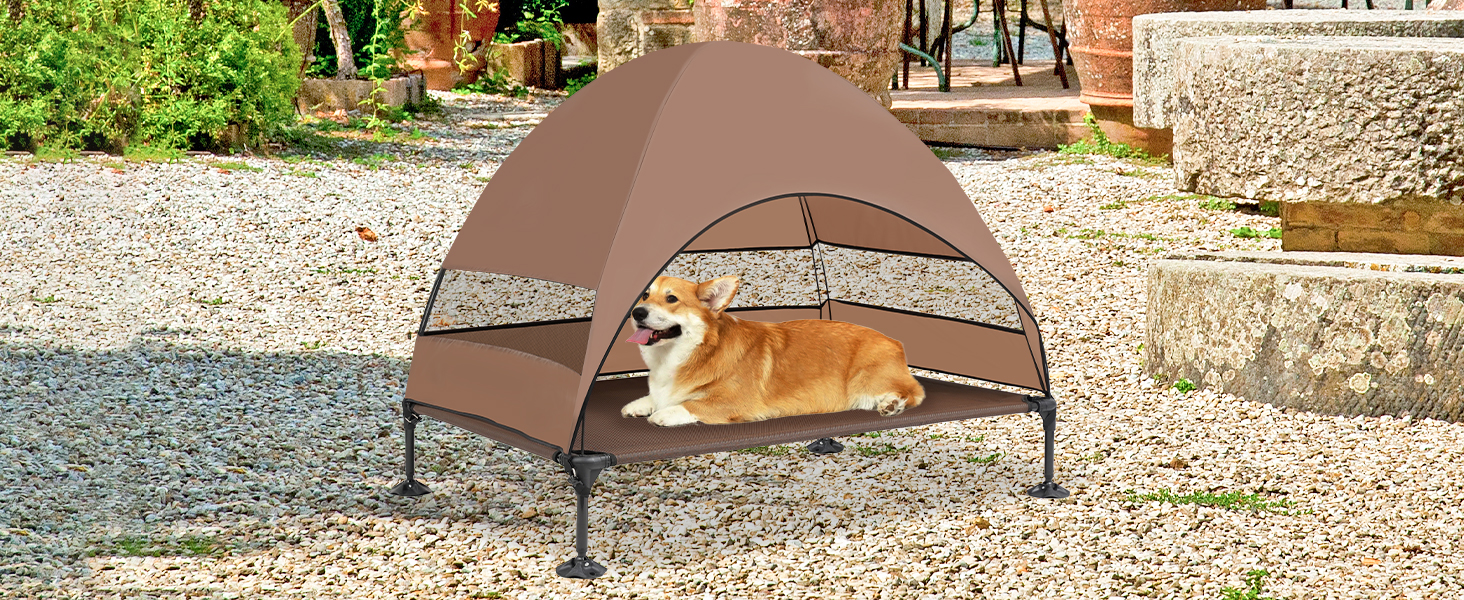 Лежанка для собак Snagle Paw з дахом, піднятий дизайн - стабільне ліжко для собак з антиковзними ніжками, широка тінь - водонепроникна для великих собак, для дому/на вулицю, кемпінг та сад, коричнева, 106 x 84 x 76 см