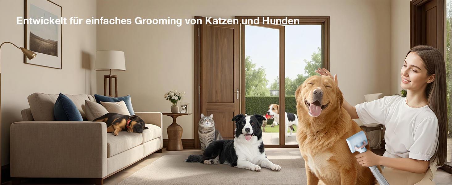 Набір для догляду за тваринами 7-в-1: Шерстьомашина, пилосос для шерсті та фен для собак та котів. Потужність 11000Pa, об'єм контейнера 2.5L, 3 режими потужності та температури. Тиха робота. Колір: блакитний.