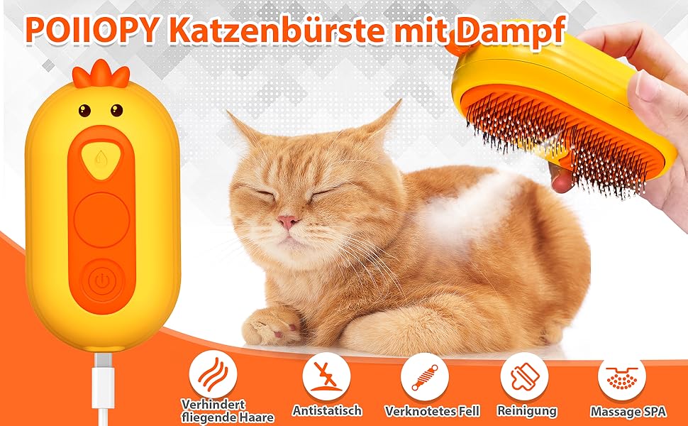 Парфумерна щітка для котів з розпилювачем, 4-в-1: видалення шерсті, масаж, розпилення, самоочищення, водонепроникна (IPX7), білий колір з жовтим руків'ям