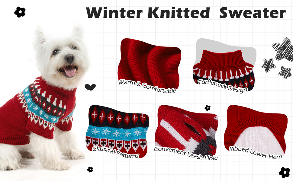 Пуловер для собак EXPAWLORER Fair Isle з візерунком Fair Isle - стильний светр, кофта для цуценят, маленьких, середніх та великих собак, з високим коміром, червоного кольору, розмір M