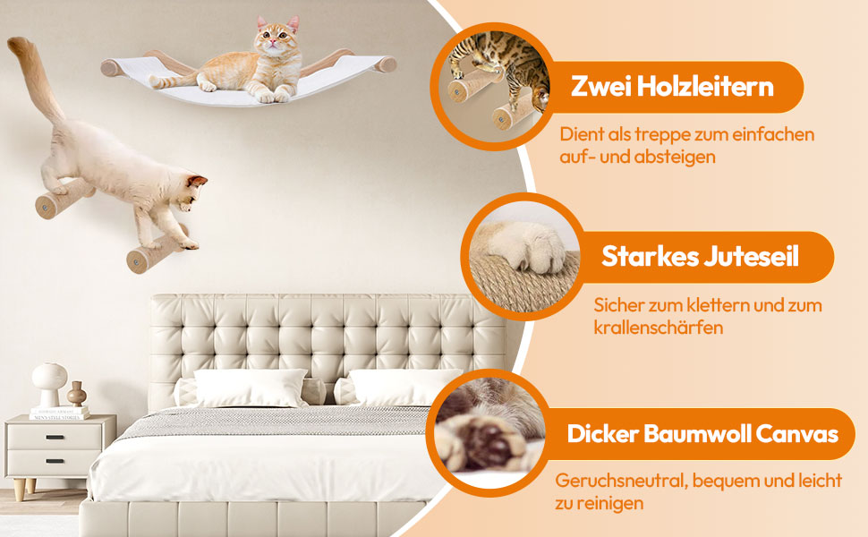Настінна гамак для котів, комплект для лазіння з масиву дерева з котячою сходинкою - стабільне котяче ліжко, економне місце для сну, лазіння та відпочинку (гамак для котів + 2 сходинки)
