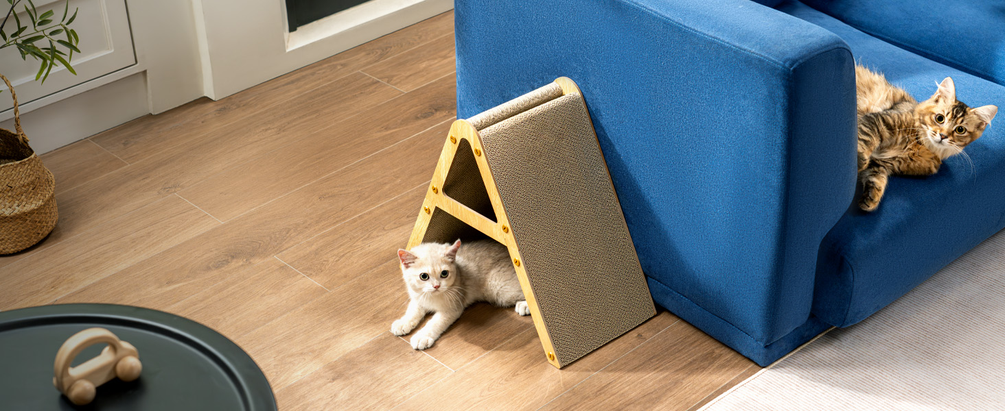 Котячий когтетоп з коробкою та 4 змінними шарами когтешорсткого матеріалу - великі когтетопи з міцного гофрокартону, двосторонні когтешорстки з наклейками DIY - місце для відпочинку котів у квартирі, захист меблів (великий, у формі трикутника)