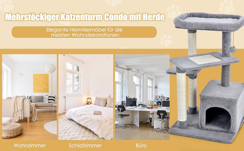 Дряпак для котів COSTWAY, 85 см, з будиночком, м'яким сидінням, м'ячиком та сизалевими стовпчиками, сірий