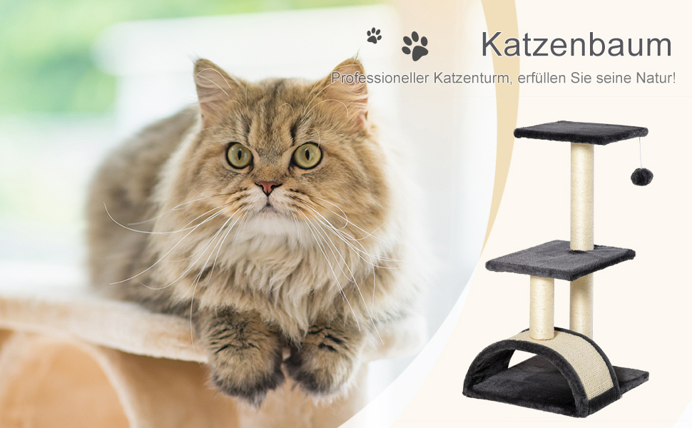 Кігтеточка PawHut для котів 72 см, багатоярусна, з м'ячиками, сизаль, платформа, кігтешкребок, для середніх котів, кремово-білий (сірий)