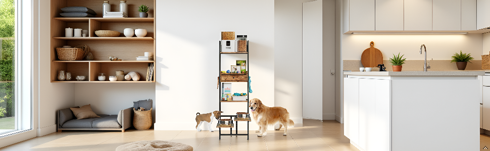 Підвищена годівниця для собак LitaiL з місцем для зберігання та двома антиковзними килимками, для великих собак, регульована висота, кріплення на стіну, колір вінтажний коричневий