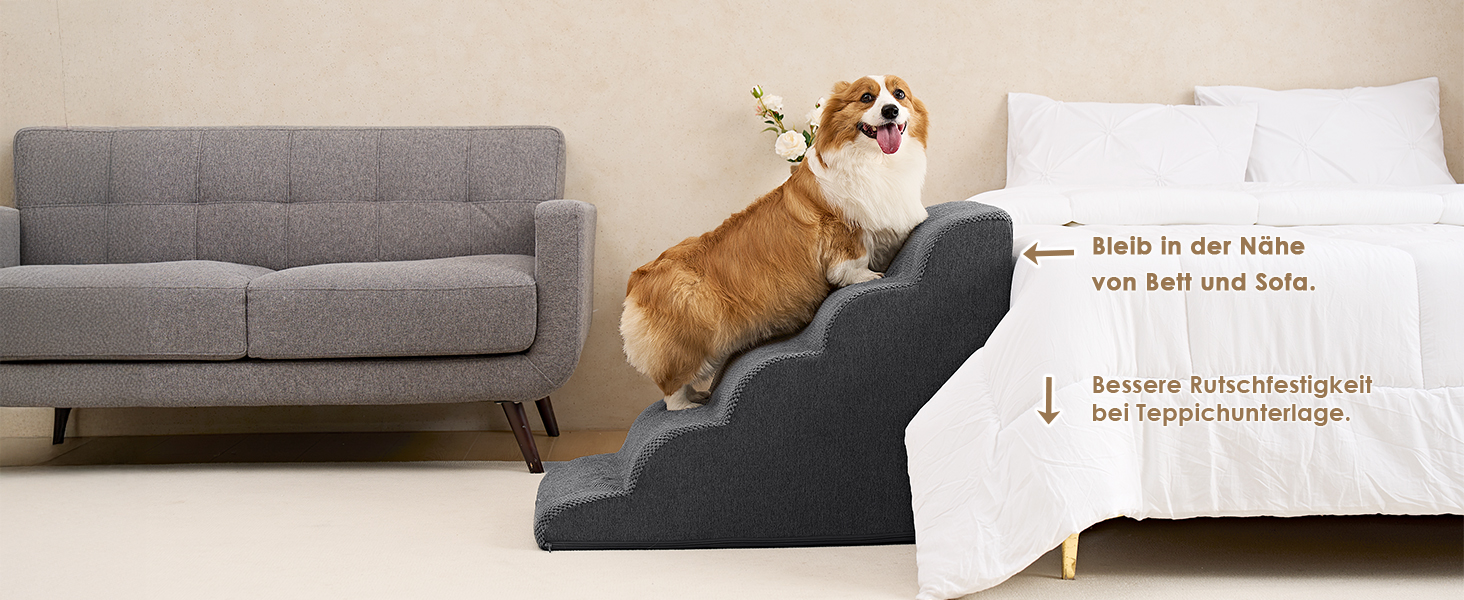 Сходинки для собак EHEYCIGA - 50 см, сірі. Зручні сходи для маленьких собак до дивану/ліжка. 4 сходи, матеріал - високощільний губчастий, з антиковзким покриттям та знімним чохлом. Розміри: 72 x 40 x 50 см.