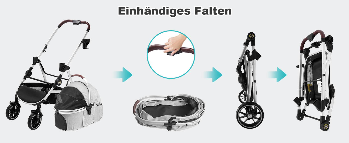 Візок для собак DAISTERN, складаний, до 25 кг, сірий. Легкий алюмінієвий каркас, поворотне EVA-колесо з амортизатором та гальмом, 4-в-1 для прогулянок, міста та ветеринара.