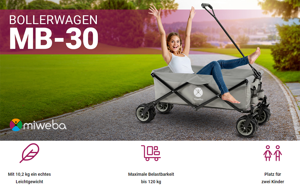 Складаний візок Miweba MB-30 | Вантажопідйомність 120 кг - для дітей, саду, пляжу | Сірий