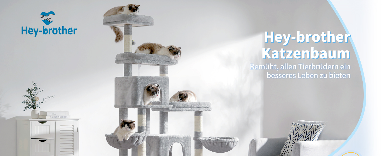 Котячий будиночок Hey-brother XXL для великих котів, 180 см, сірий, з 3 платформами, 2 кошиками та великою печерою