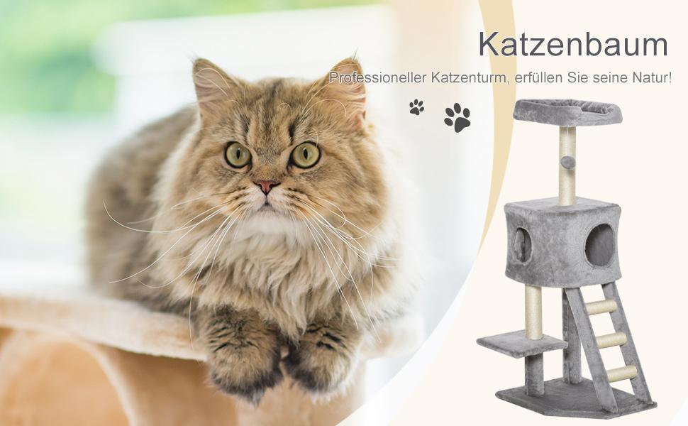 Кігтеточка PawHut 120 см для котів з будиночком, іграшкою, сизалевими стовпцями, платформою та сходами, багатоярусна, сірого кольору