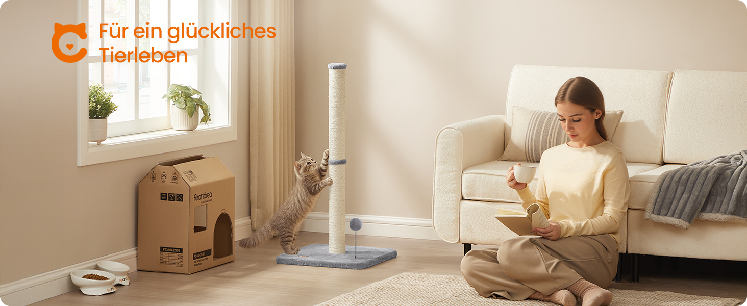 Дряпка для котів Feandrea, 85 см, дряпка-стійка, котячий комплекс, дряпка з сизалю, з плюшевим м'ячиком та дзвіночком, таубенграу PCA040G01