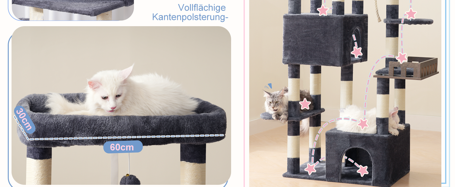 Великий котячий будиночок-когтеточка 174 см, сірий, з гамаком, 2 лежаками, 2 будиночками, 15 когтеточками, GCT033G