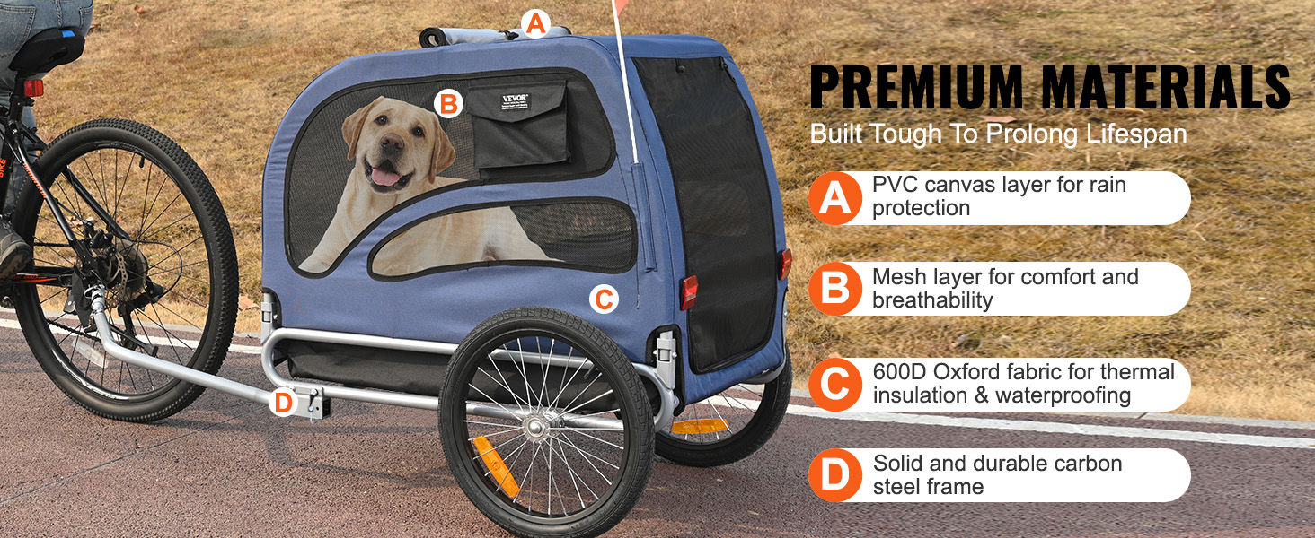 Фаркоп для собак VEVOR 30 кг 2в1: велосипедний причіп, візок для дітей, бугі для собак, джогер. Матеріал: вуглецева сталь, Oxford 600D, PP. Розміри: 1440 x 720 x 779 мм (причіп), 1400 x 720 x 830 мм (візок).