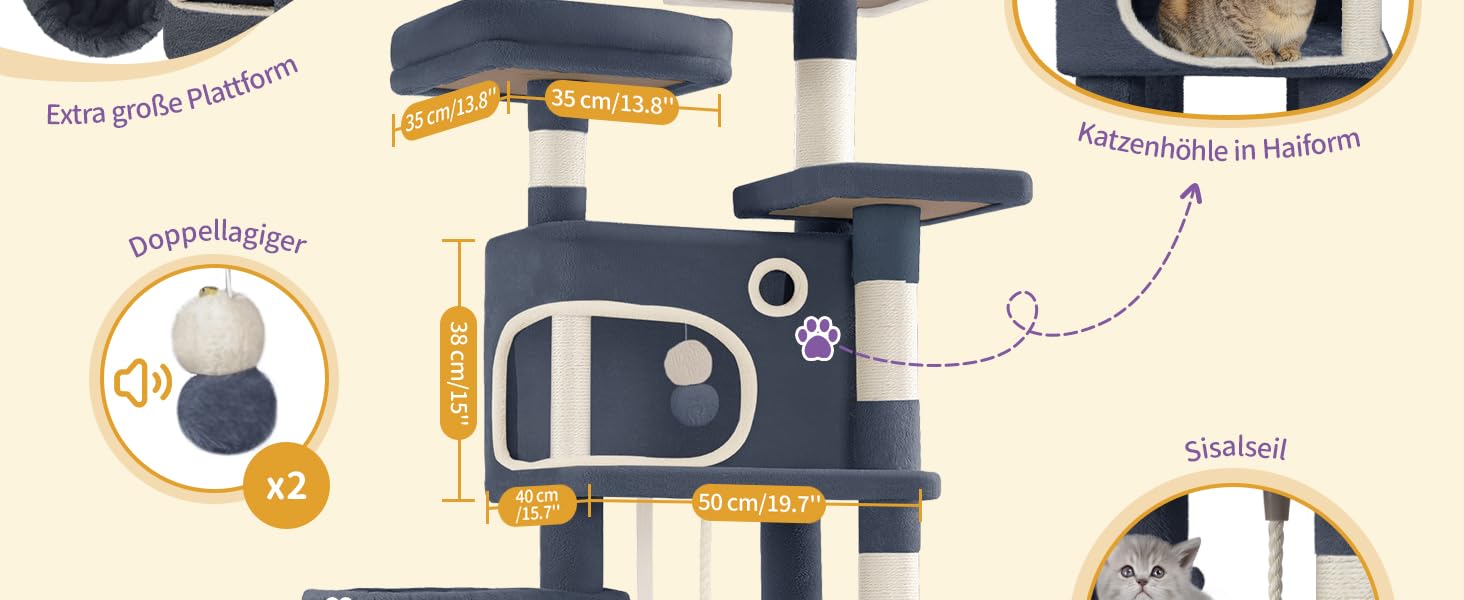 Драбина-кіготь для котів Hzuaneri, 159 см, з 8 кігтеточок, 3 платформ, 2 будиночків, кошиком, плюшевими кульками, мотузкою з сизалю, підходить для котів різних розмірів, MS15918LG (XL, темно-сірий)