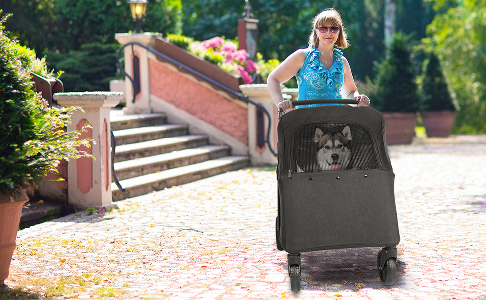 Трансформер для собак великих порід AESRAOU: візок-переноска з 4 колесами, регульована ручка, подвійна місткість, візок-джаггер з передніми дверцятами (Marine)