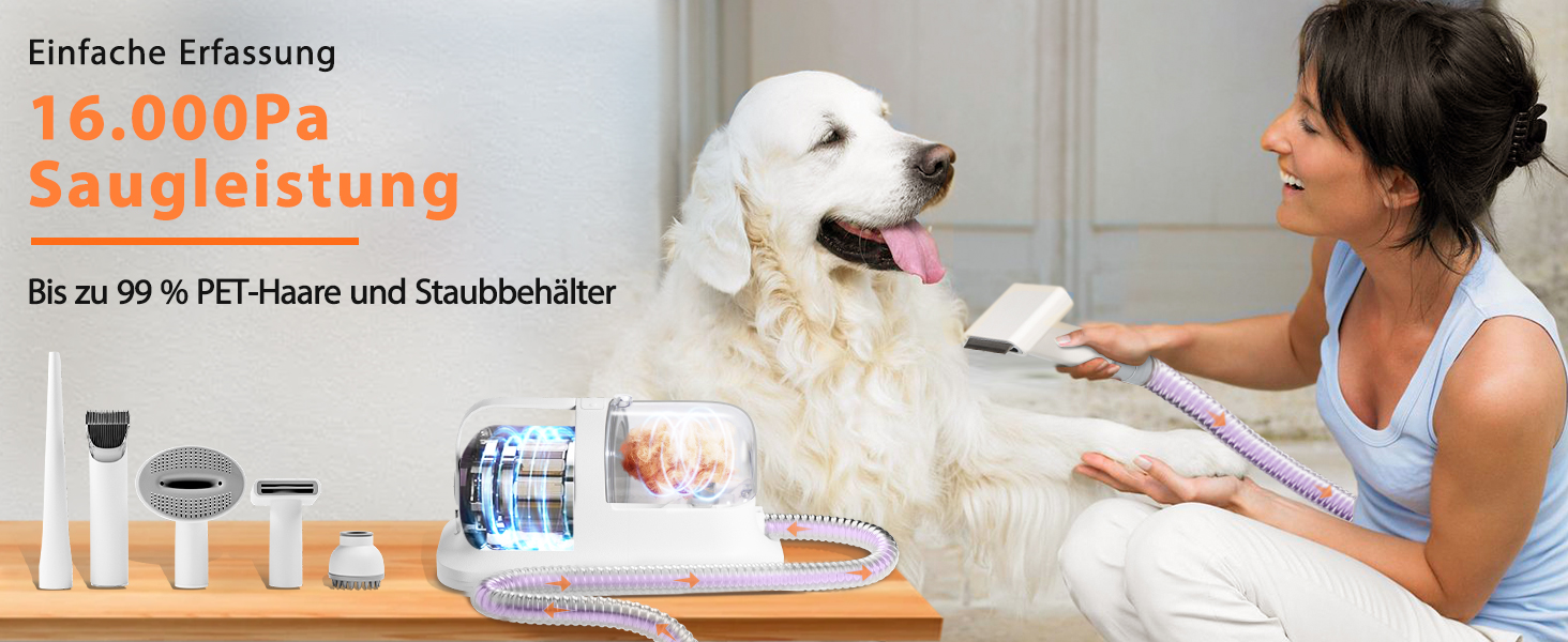 Пылесос для собак и кошек с щеткой, 16000 Па, тихий, удаляет 99.99% шерсти, набор из 6 инструментов для ухода, контейнер 1.5л