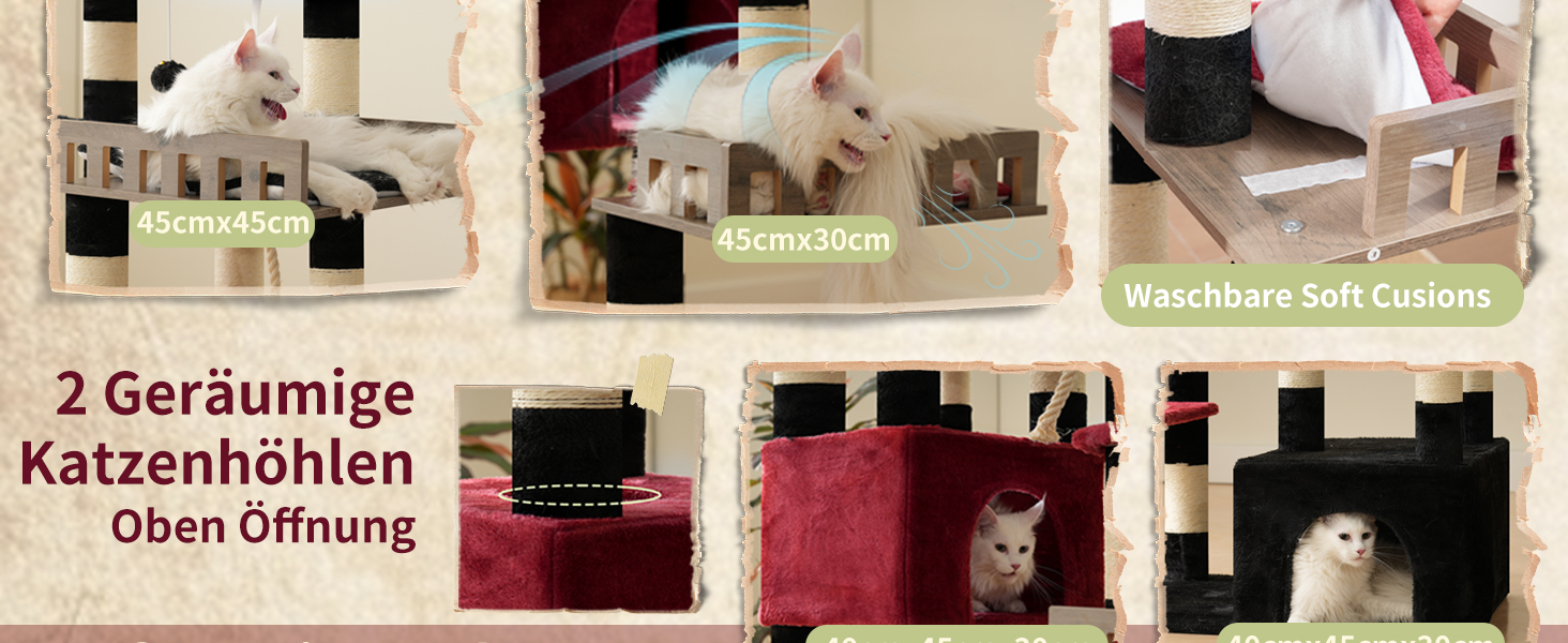 Котячий будиночок Kratzbaum: великий, з гамаком, 2 печери, 15 стовпчиків для дряпання (174см, чорний та червоний)