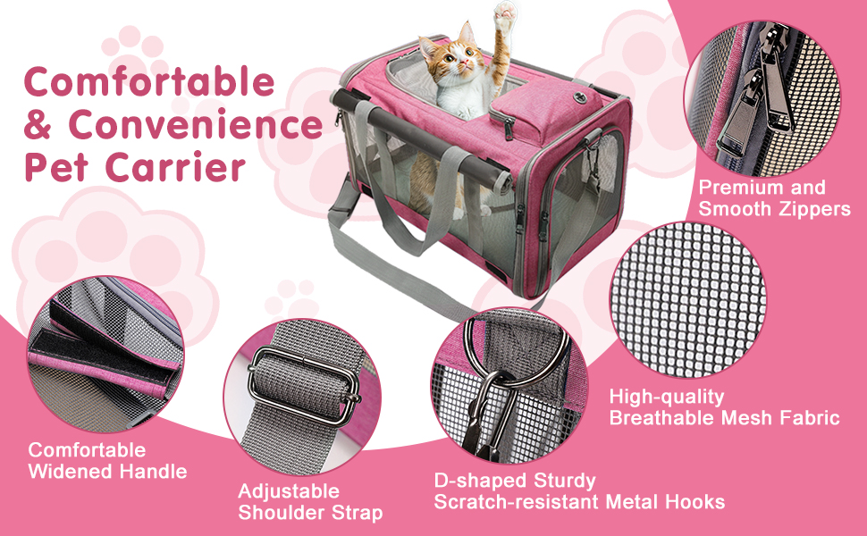 Транспортна сумка для котів та собак Qoosea, складана переноска для тварин з регульованим ремінцем, сітчаста переноска для кошенят та маленьких собак, для дому та подорожей (рожева)
