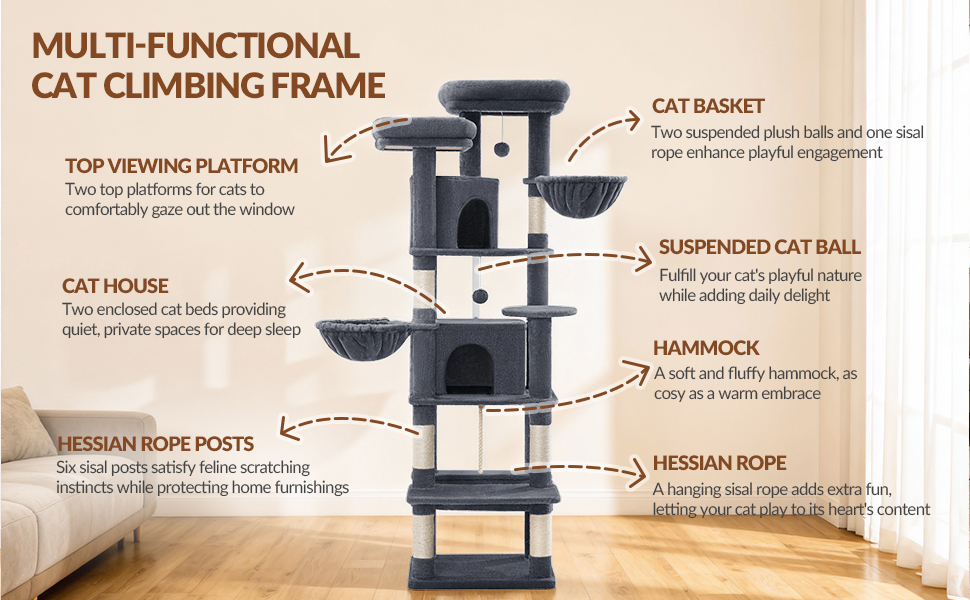 Драбина-кіготь для котів Kratzbaum Groß 216 см, XXL, стабільна з краш-стовпцями, 2 затишні будиночки, 2 платформи, 2 кошики, гамак, для дому, FPMS007FG1 (50x40x175 см, темно-сірий)