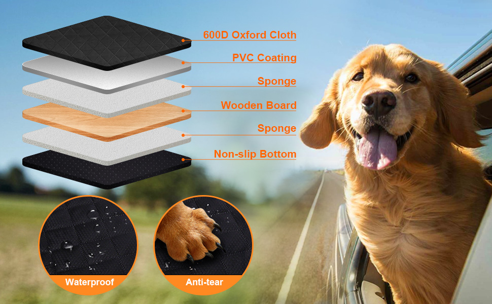 Килимок для собак у машину Neccis з знімною жорсткою основою, 136 x 61 см. Максимальне навантаження 150 кг, водонепроникний та стійкий до подряпин. Підходить для 95% легкових автомобілів, позашляховиків та вантажівок. Чорний+Помаранчевий.