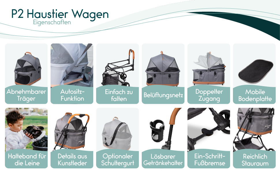 Візок для тварин WonderFold P2 для собак та котів з знімним кошиком, відкидним капюшоном з застібками та сітчастими віконцями, одноступеневе гальмо та легке складання, сірий колір Glacier Grey