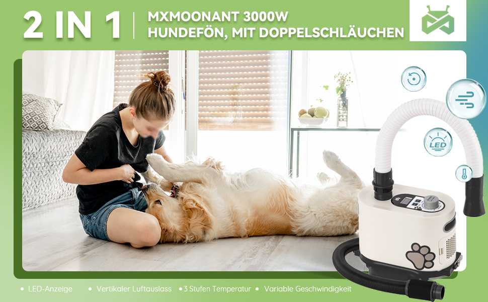 Фен для собак Mxmoonant 3000W з регулюванням швидкості та температури, з подовжуваним шлангом та великою насадкою, з рушником