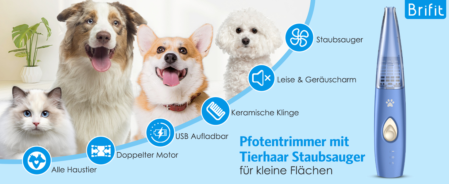 Триммер для собак Brifit з функцією всмоктування волосся, 2 швидкості, тиха машинка, USB-зарядка, для догляду за лапами, вухами, очима, обличчям, без розлітання волосся, блакитний