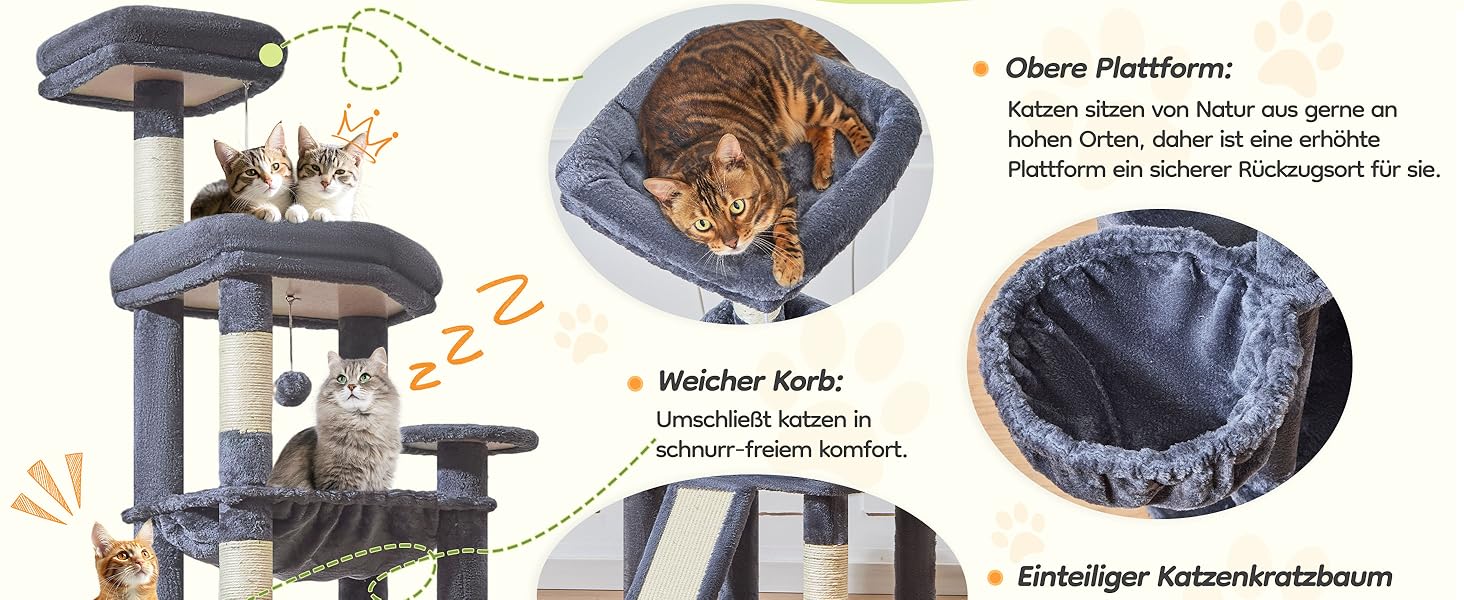 Котячий комплекс Taoqimiao 183 см XXL з будиночком, гамаком, когтеточками та великою платформою (темно-сірий)