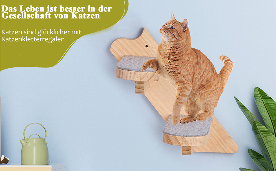 Кігтечка-полиця для котів WandMontierte Katze, дерев'яна, 4 сходинки, з плюшем, для лазіння, сну та ігор