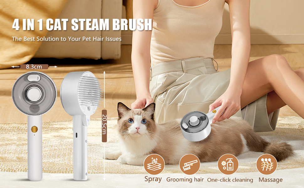 Двостороння щітка для котів з парою 4-в-1: масаж, догляд та видалення шерсті. Біла щітка з парогенератором для котів