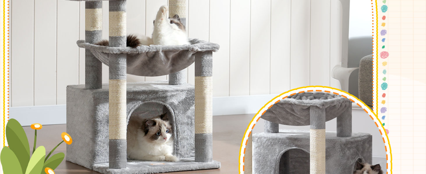 Котячий будиночок Heybly HCT008SW: міцний котячий будиночок з великим м'яким лежаком, місцем для сну та сизалевими стовпчиками для дряпання, сірий