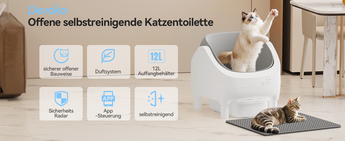 Автоматичний лоток для котів з самоочищенням, керуванням через додаток, великий розмір XXL, для великих котів (до 15 кг) та кількох котів, самоочищення на 15 днів