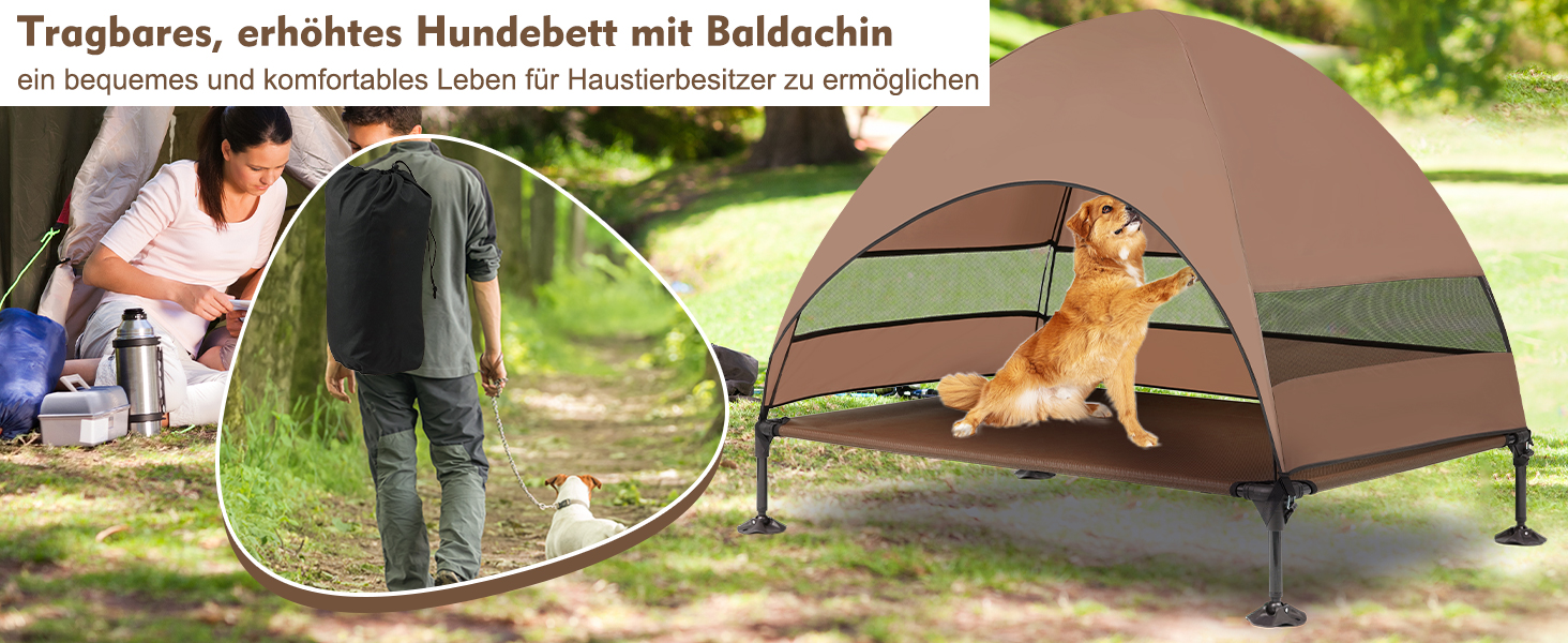 Лежанка для собак Snagle Paw з дахом, піднятий дизайн - стабільне ліжко для собак з антиковзними ніжками, широка тінь - водонепроникна для великих собак, для дому/на вулицю, кемпінг та сад, коричнева, 106 x 84 x 76 см