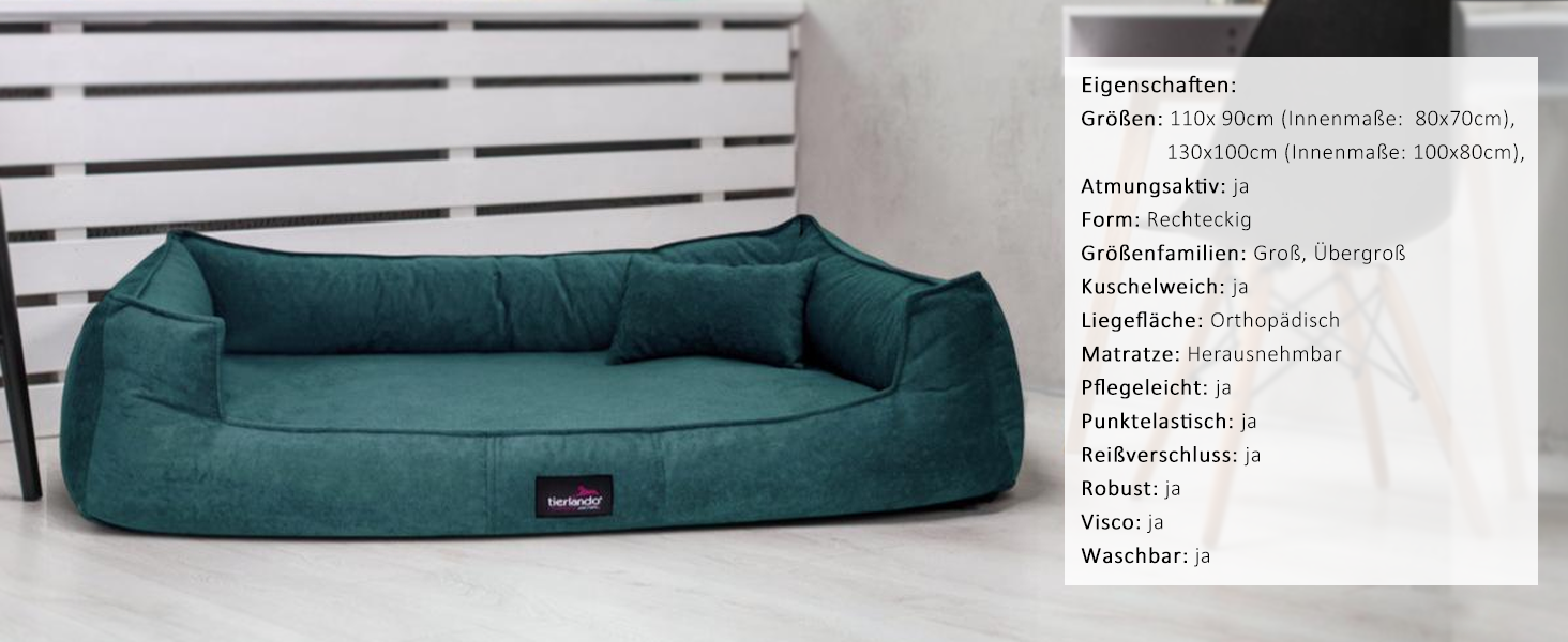 Ортопедичне ліжко для собак Tierlando® Bruce з знімним та пральним велюровим покриттям, ліжко-софа для середніх та великих собак, розмір 130x100 см, колір: Petrol