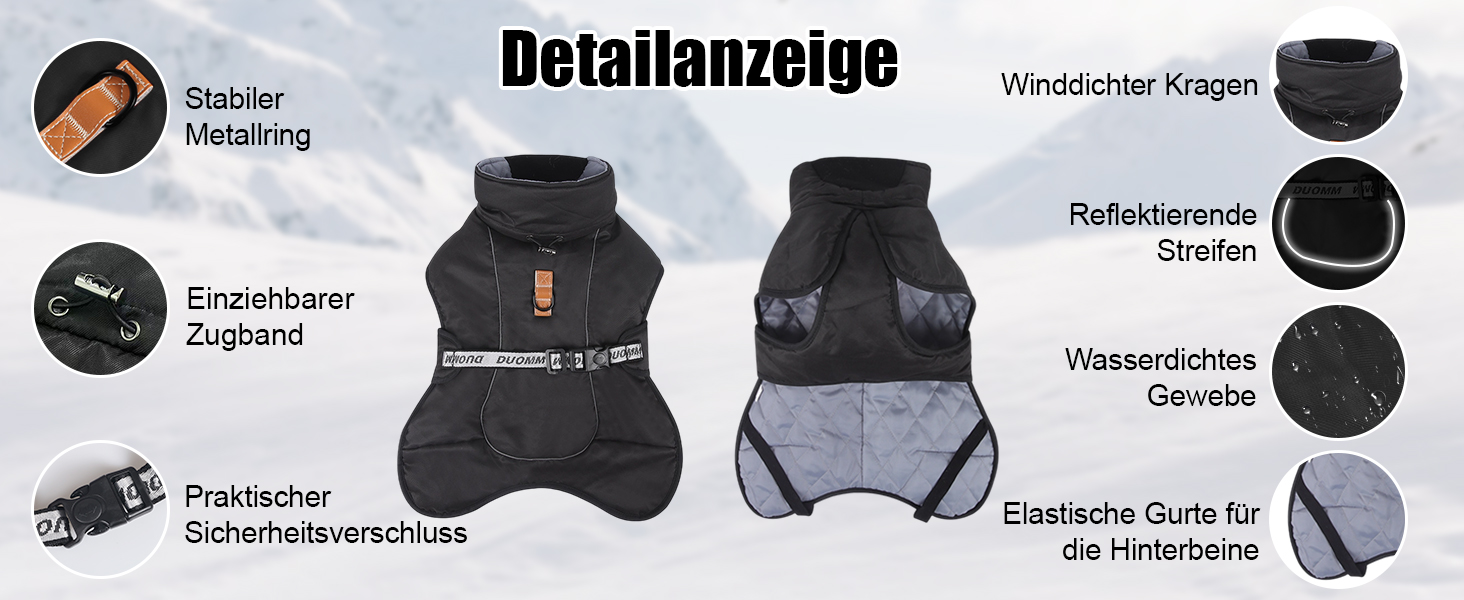 Зимовий теплий одяг для собак FeimaX: вітронепроникна куртка для середніх та великих собак. Відображає світло, регулюється, з D-кільцем. Чорний колір, розмір 4XL