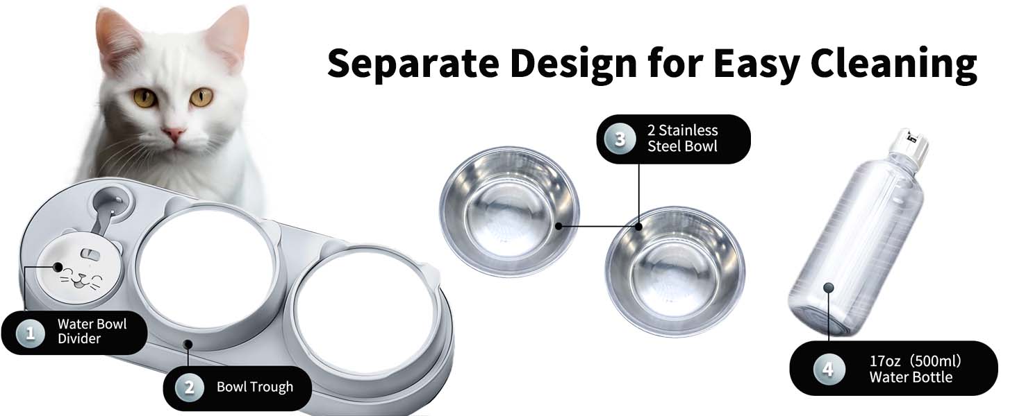 Набір мисок для котів Marchul 3 в 1: годівниця, поїлка з дозатором, миски з нержавіючої сталі, нахил 15°, для котів та собак маленьких та середніх порід (сірий)
