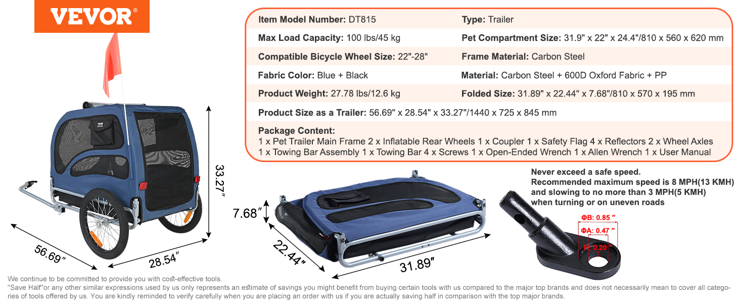 Фаркоп для собак VEVOR 30 кг 2в1: велосипедний причіп, візок для дітей, бугі для собак, джогер. Матеріал: вуглецева сталь, Oxford 600D, PP. Розміри: 1440 x 720 x 779 мм (причіп), 1400 x 720 x 830 мм (візок).