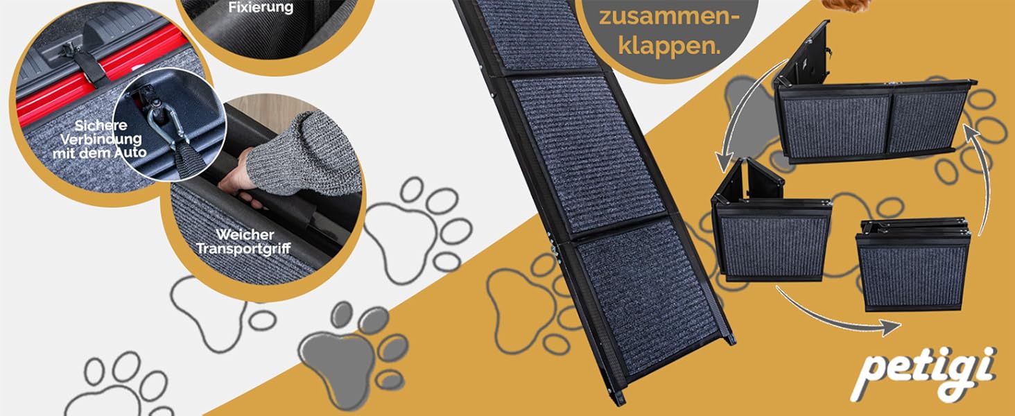 Рампа для собак Petigi, 170 см, складана, з неслизьким килимком, вантажопідйомність 90 кг