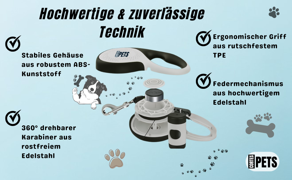 Висувна поводок для собак CORTESPETS® 5м, до 50 кг, блакитний | Високоякісний рулонний поводок